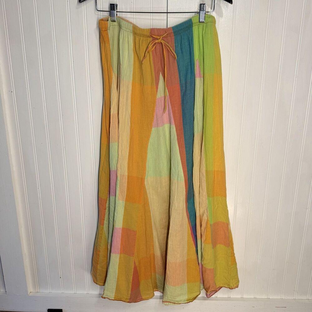 Vtg MetroStyle Maxi Skirt Sz L Multicolor Drawstring Boho Festival Cotton Gypsy